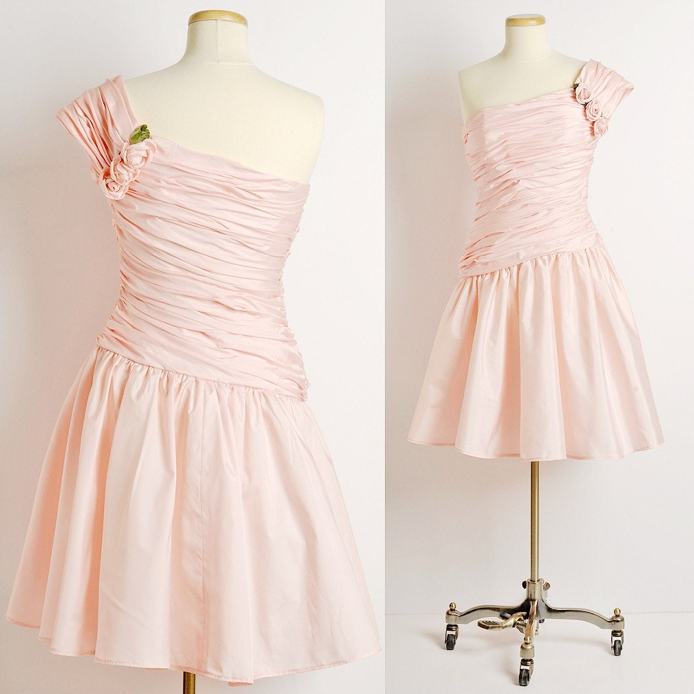 BALLERINA Pink Wedding Dress / Short Wedding Dress / Pink Prom Dress / Bridesmaid Dress / Vintage One Shoulder 1970s Pink Rose Dress