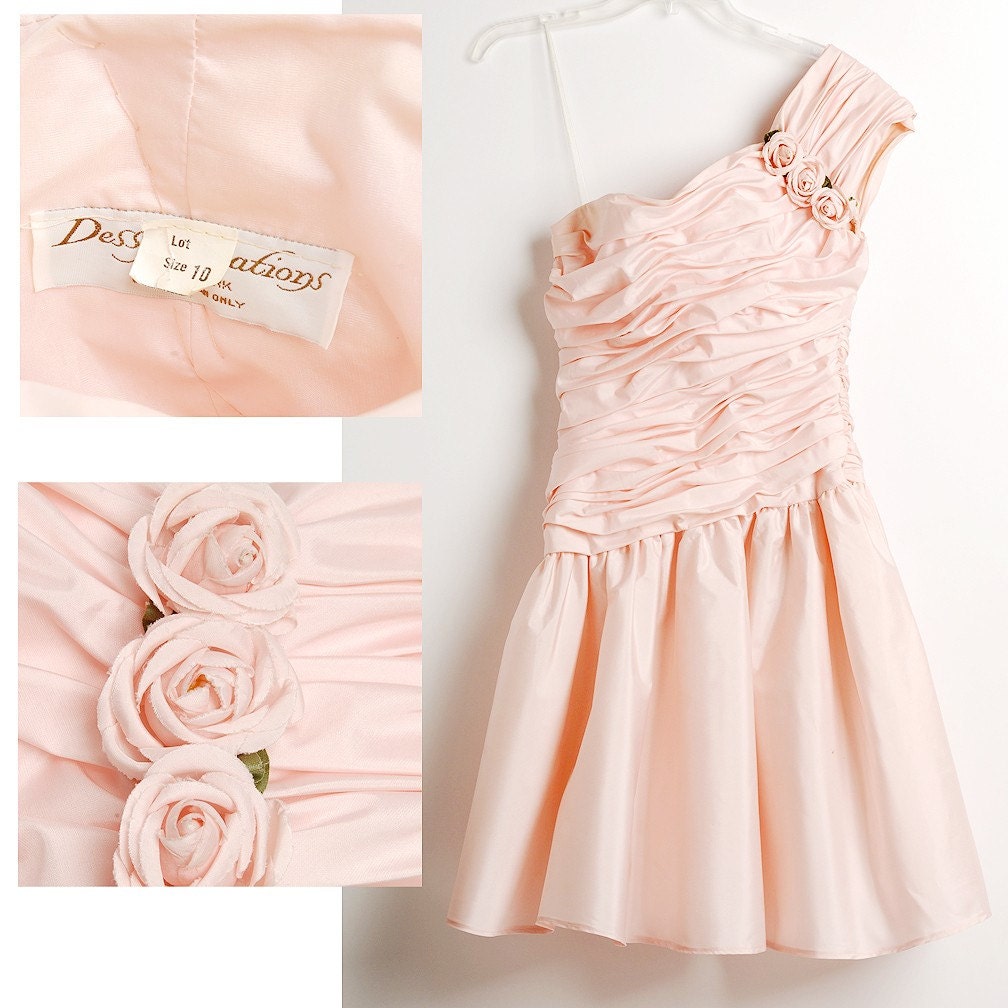 BALLERINA Pink Wedding Dress / Short Wedding Dress / Pink Prom Dress / Bridesmaid Dress / Vintage One Shoulder 1970s Pink Rose Dress