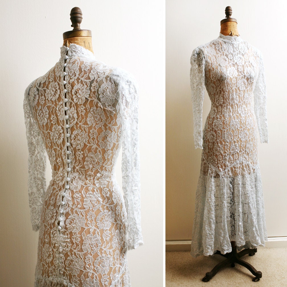 Vintage 1980s SILVER Gray Lace See Through Edwardian Dress s/m