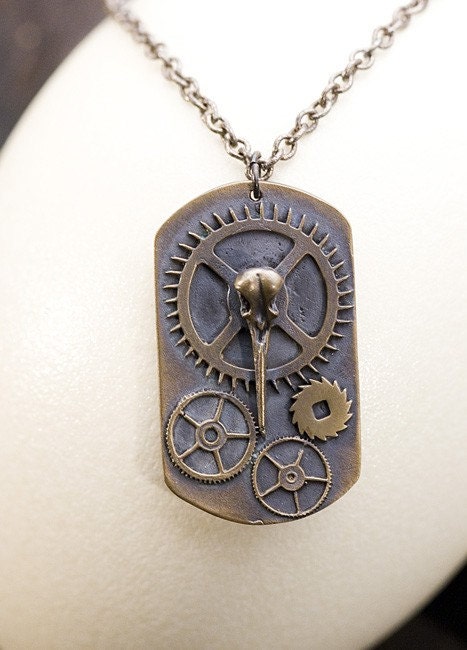 Steampunk Dog Tag Necklace Hummingbird Skull With Old Clock Gears Industrial Goth Realness made by Blue Bayer Design NYC - billyblue22