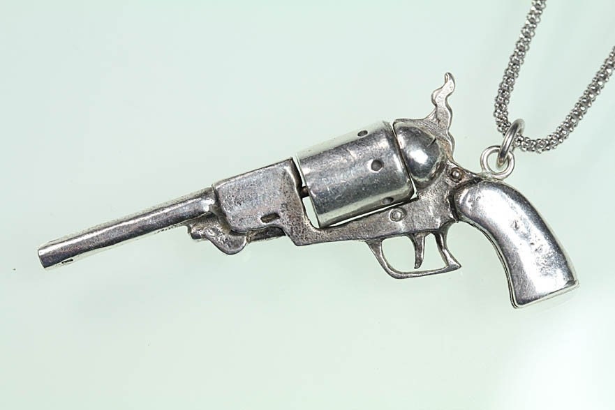 Silver Pistol Necklace Walker 44 cal circa 1847 with spinning chamber on silver chain Exclusive Blue Bayer Design NYC
