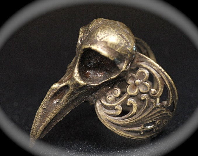 Raven Skull Ring sizes 4 to 11 Antique Bronze Plated Cast in NYC Blue Bayer