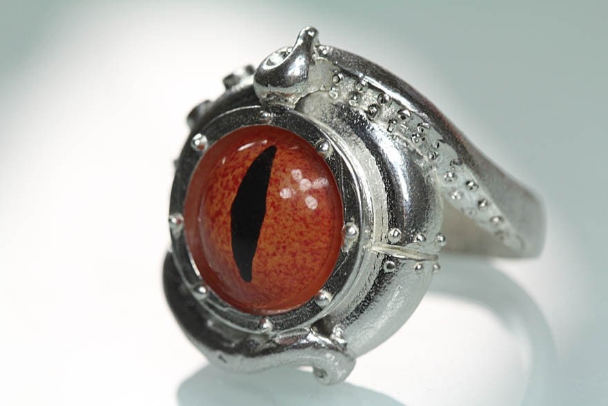 Evil Eye Sterling Tentacle Ring, Orange Dragon Eye (made in NYC) sizes 4-11
