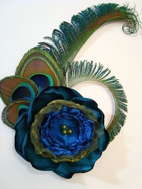 A Beautiful Peacock hair clip with large flower- 6 weeks delivery.