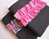 Baby Burp Cloths with Ruffle in Black, White, and Pink, Set of 2 Ruffle Baby Girl Burp Cloths in Polka Dots and Floral