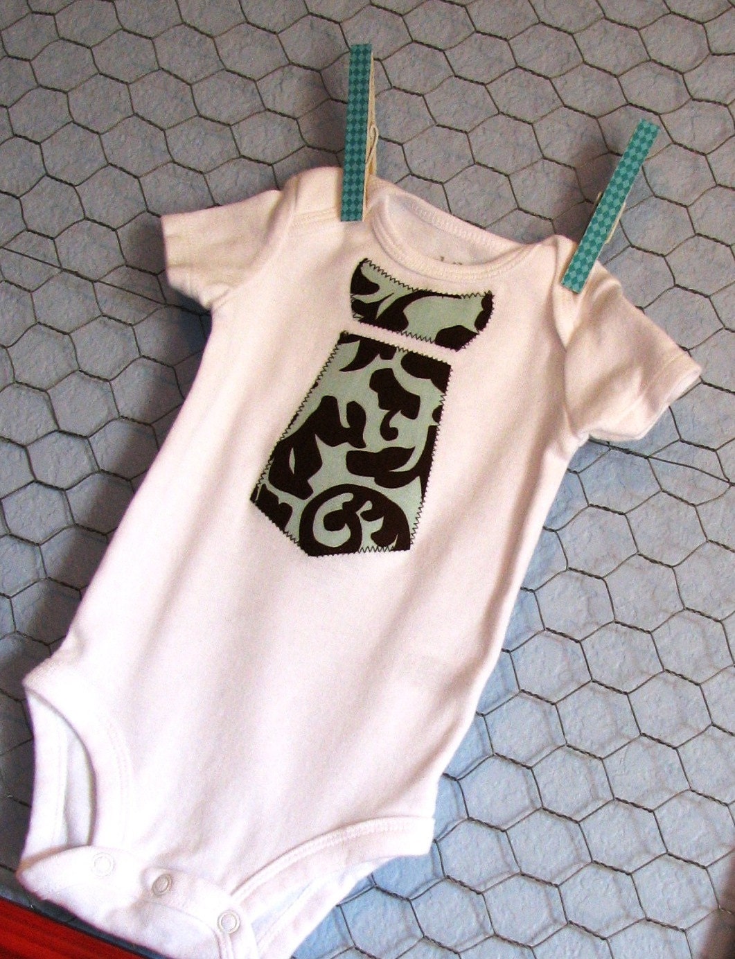 Baby Bodysuit with Necktie in Chocolate Brown and Blue Damask, 0-3 months Baby Boy Neck tie Bodysuit, Short-sleeved Boy Bodysuit