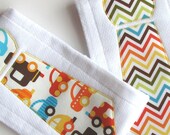 Baby Burp Cloths with Necktie in Urban Zoologie, Ready Set Go, Set of 2 Baby Boy Burp Cloths, Chevron Stripes and Cars, Bright Color Zig Zag