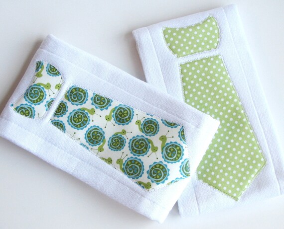 Baby Burp Cloths with Necktie in Sweet Snails and Polka Dots, Set of 2 Baby Boy Burp Cloths, Blue, Green, and White