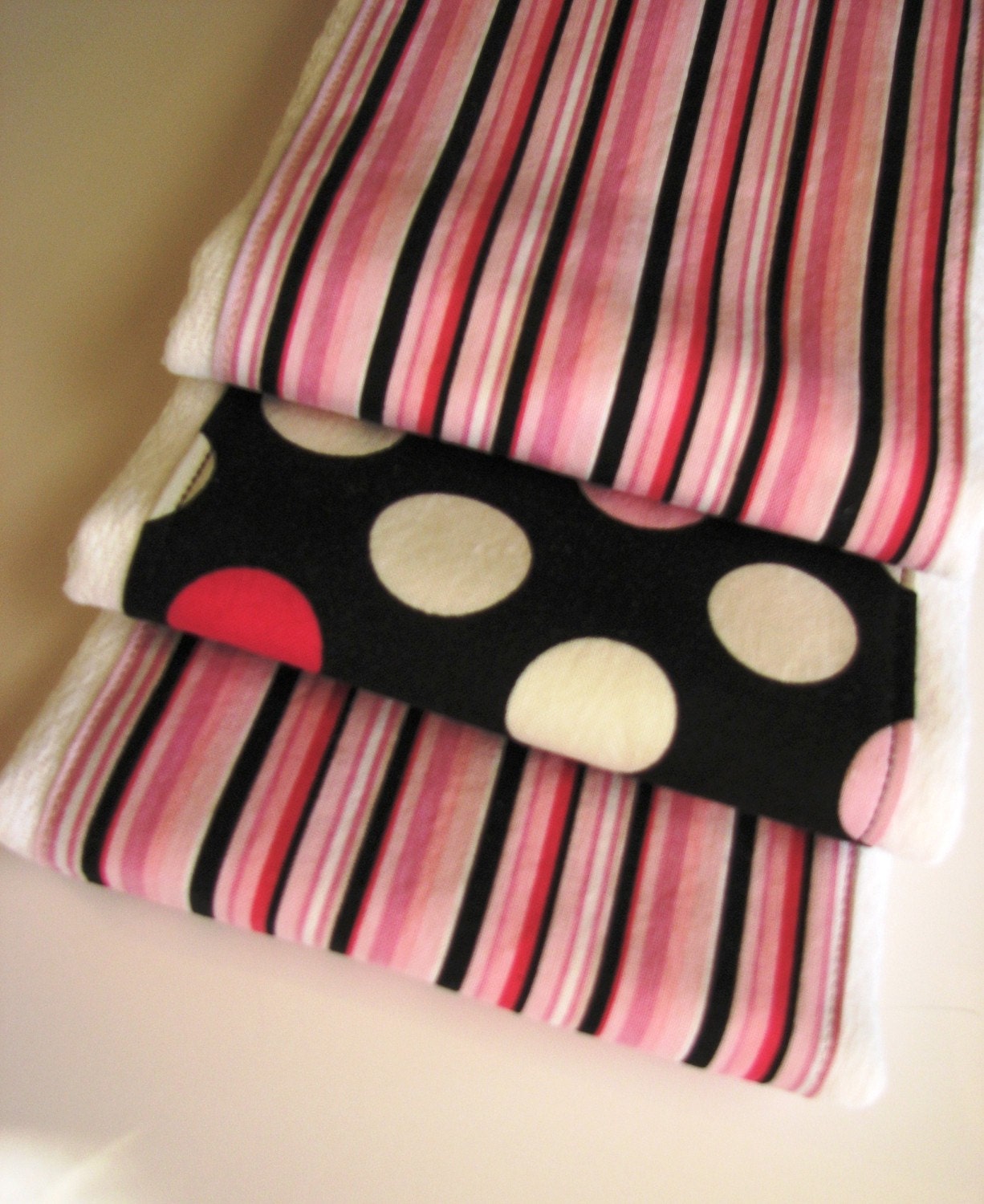 Baby Burp Cloths in Black and Pink Dots and Stripes, Set of 3 Baby Girl Burp Rags in Black, White, Pink Polka Dots and Stripes