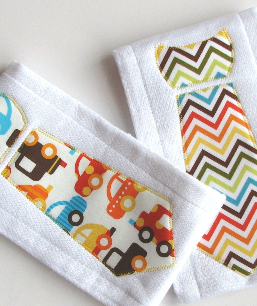 Baby Burp Cloths with Necktie in Urban Zoologie, Ready Set Go, Set of 2 Baby Boy Burp Cloths, Chevron Stripes and Cars, Bright Color Zig Zag