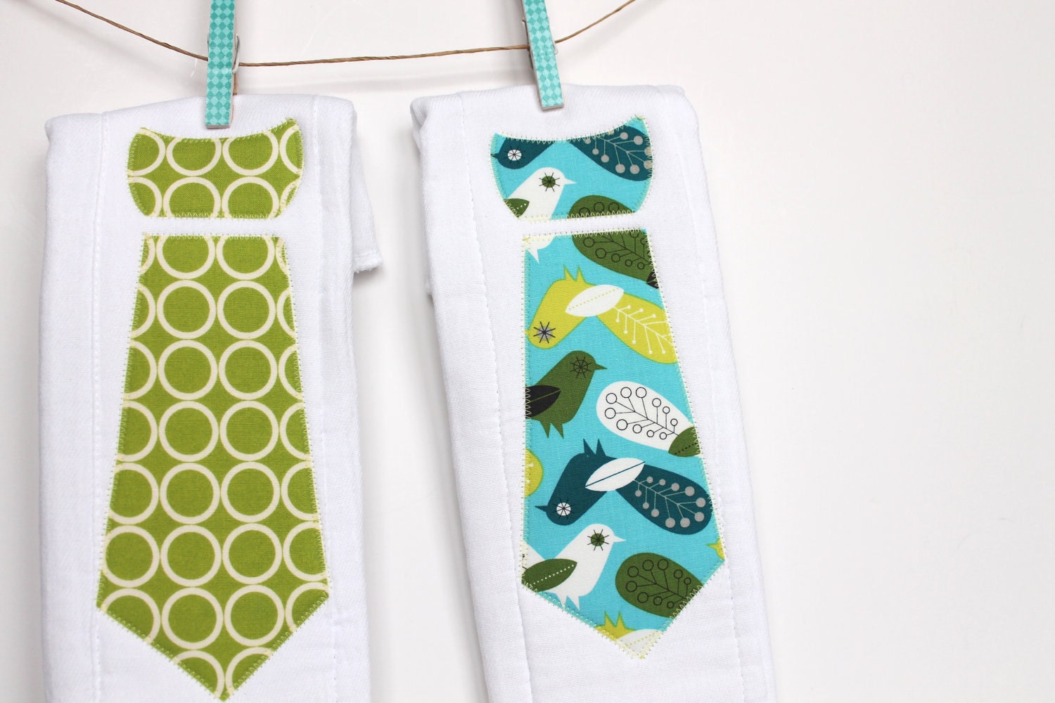 Baby Burp Cloths with Necktie in Critter Community by Suzy Ultman, Set of 2 Baby Boy Burp Cloths in Spring Birds and Chartreuse Circles