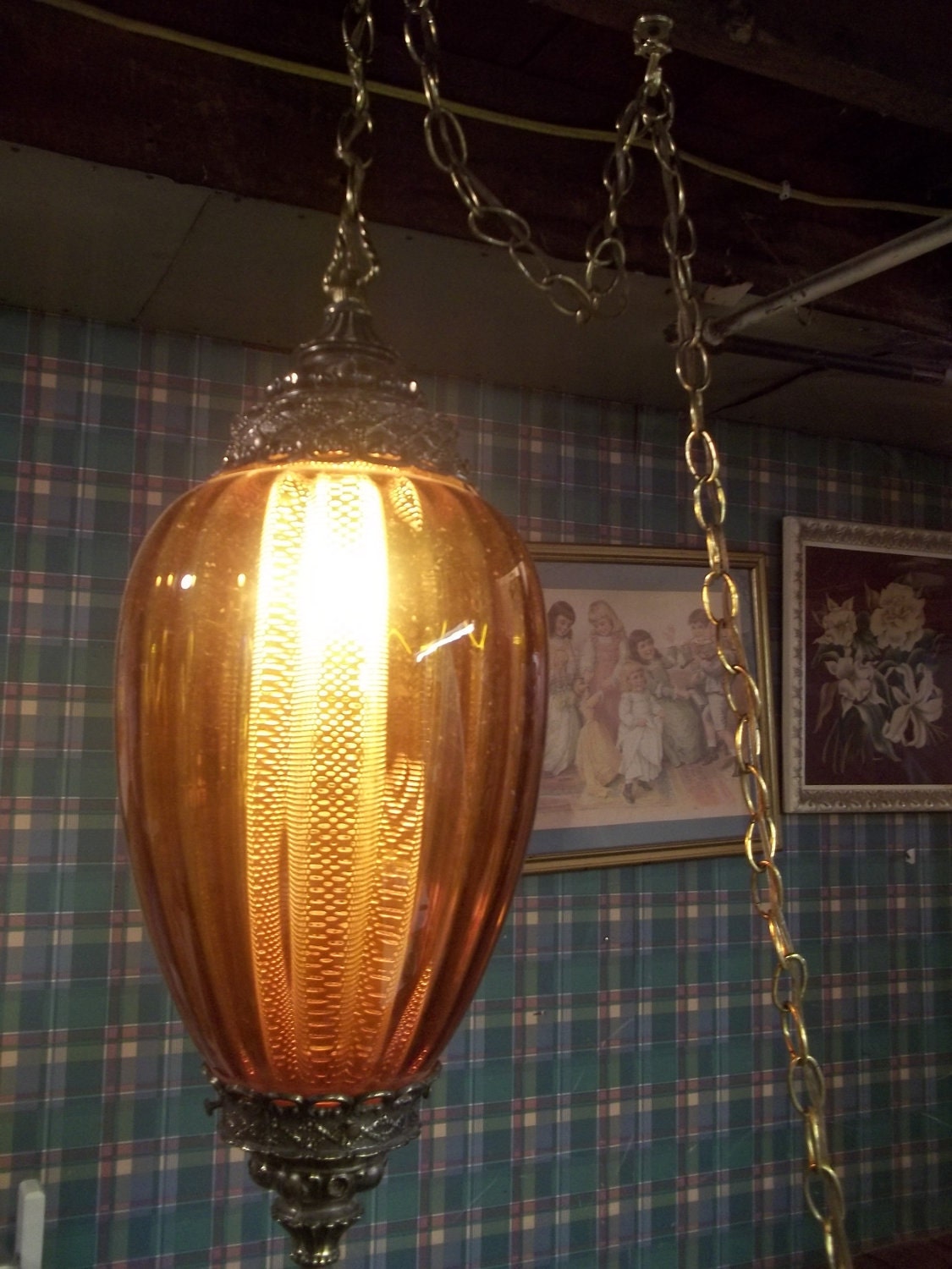 SALE..Vtg Gold/Amber Hanging Swag Lamp Tear by TeresasTreasuresEtc