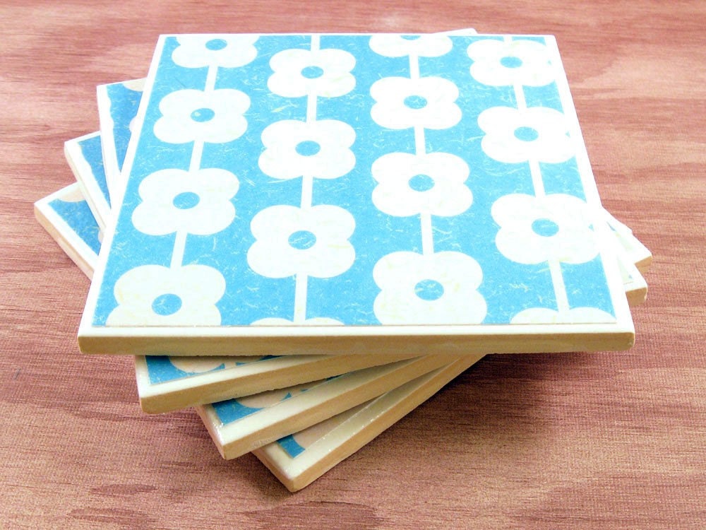 Handmade Coasters Set of Four - Blue with White Flowers