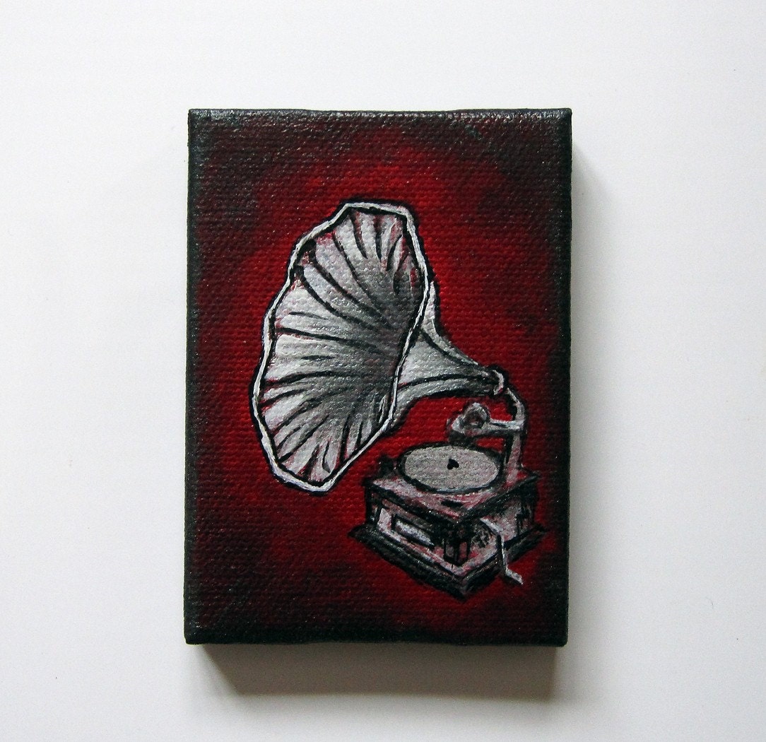 Phonograph Original Mini Painting Refrigerator Art Magnet in red silver black