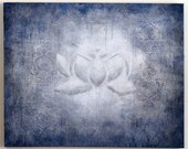 Lotus Flower Original Abstract Painting on 24 by 30 inch canvas in blue silver white gray black