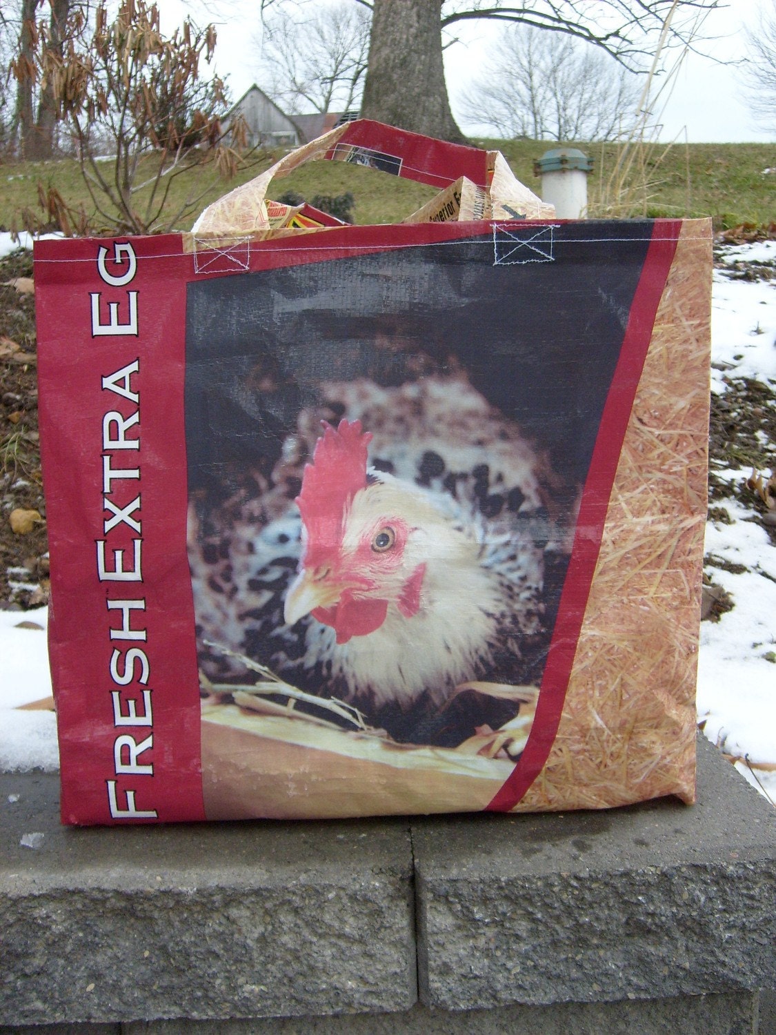 Recycled Feed Sack Laying Hen Chicken Food Market, Tote Bag, or Purse