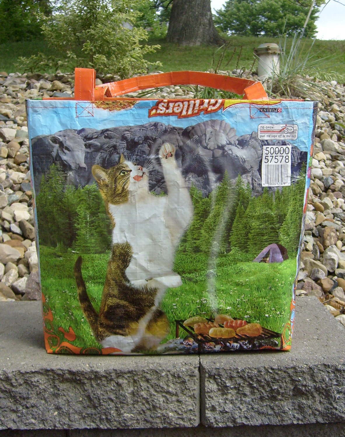 Recycled Feed Sack Cat Food Orange Outdoor Tabby Reusable Shopping Bag Tote or Purse