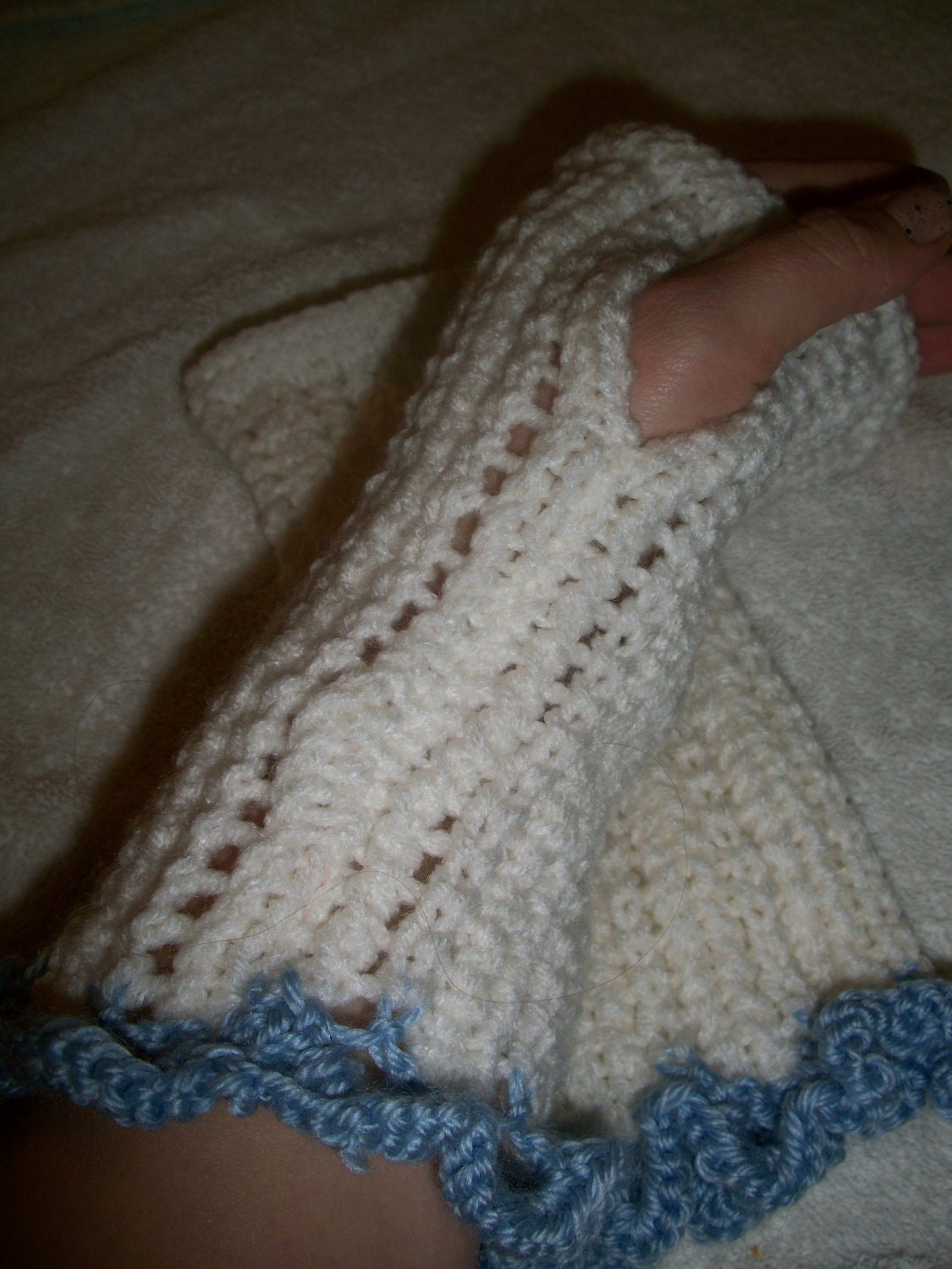 FREE Shipping-White with Blue Cuff Ruffled Fingerless Gloves-Hand Knit-Adult Large