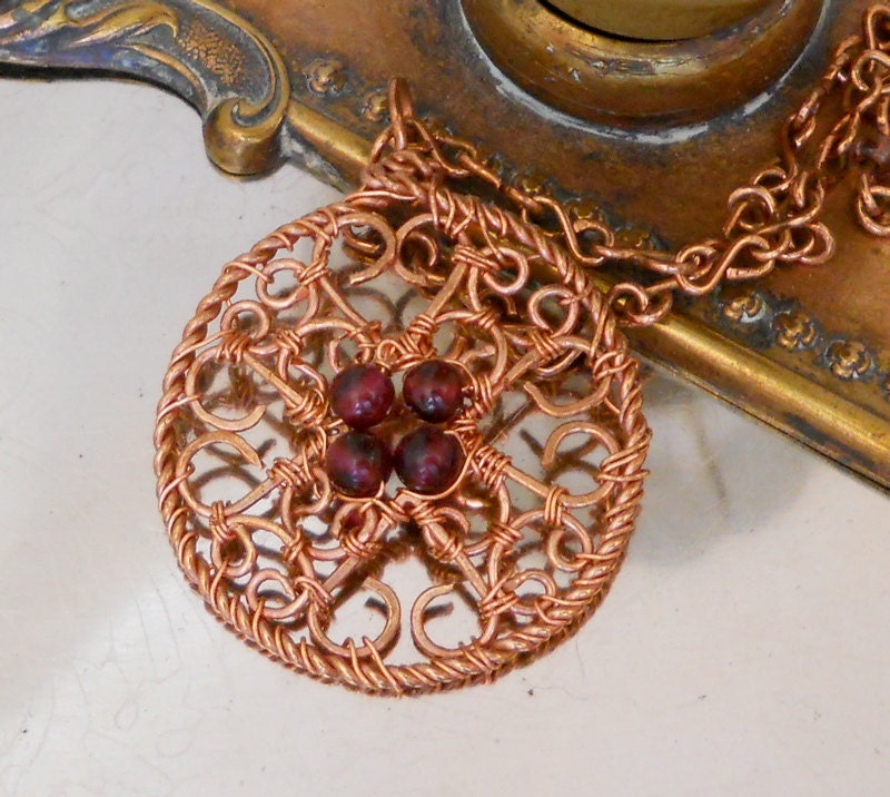 Copper and Garnet Filigree Pendant