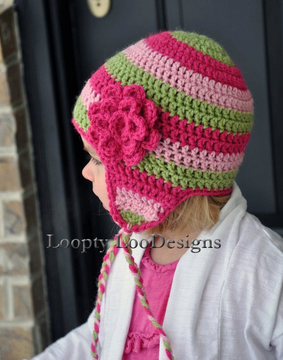 Striped Earflap Hat with Flower, Girl, Crochet hat, Pink, Green, Flower, Tassels, Christmas hat -Sizes 12 MONTHS AND UP -more colors