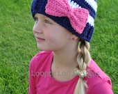 Girls Striped hat with Bow, Beanie, Navy, Blue, White, Pink, Girls hat, Photo prop -Sizes 12 MONTHS & UP (more colors)