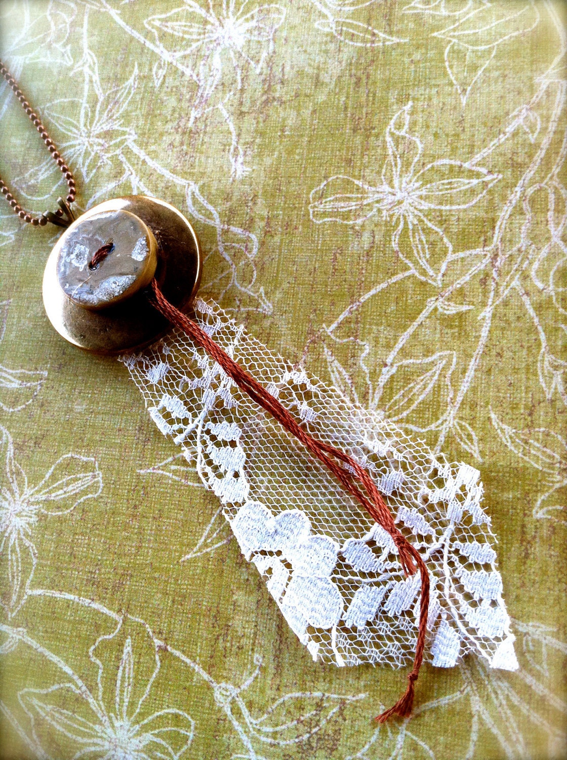 Vintage Style Textile Button and Lace Tie Necklace