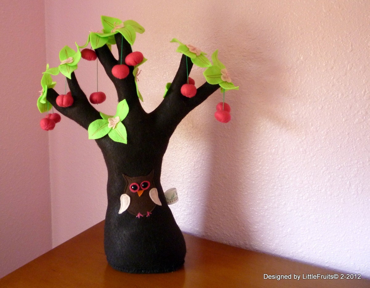 Mini Felt Cherry Tree with Pink Cherries &  Blossoms - Nursery Decor, Plush Toy, Soft Sculpture.