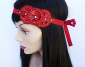 Art Deco Headband, RENEE, Red Headband, Rhinestone Headband, Sequin Headband, 20s Headband, Flapper Headband