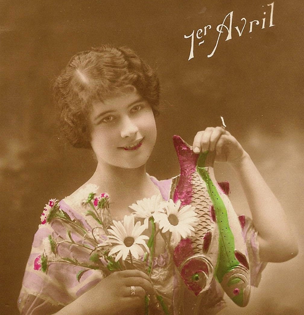 French Real Photo Postcard- Girl with Flowers and Fish Colorized