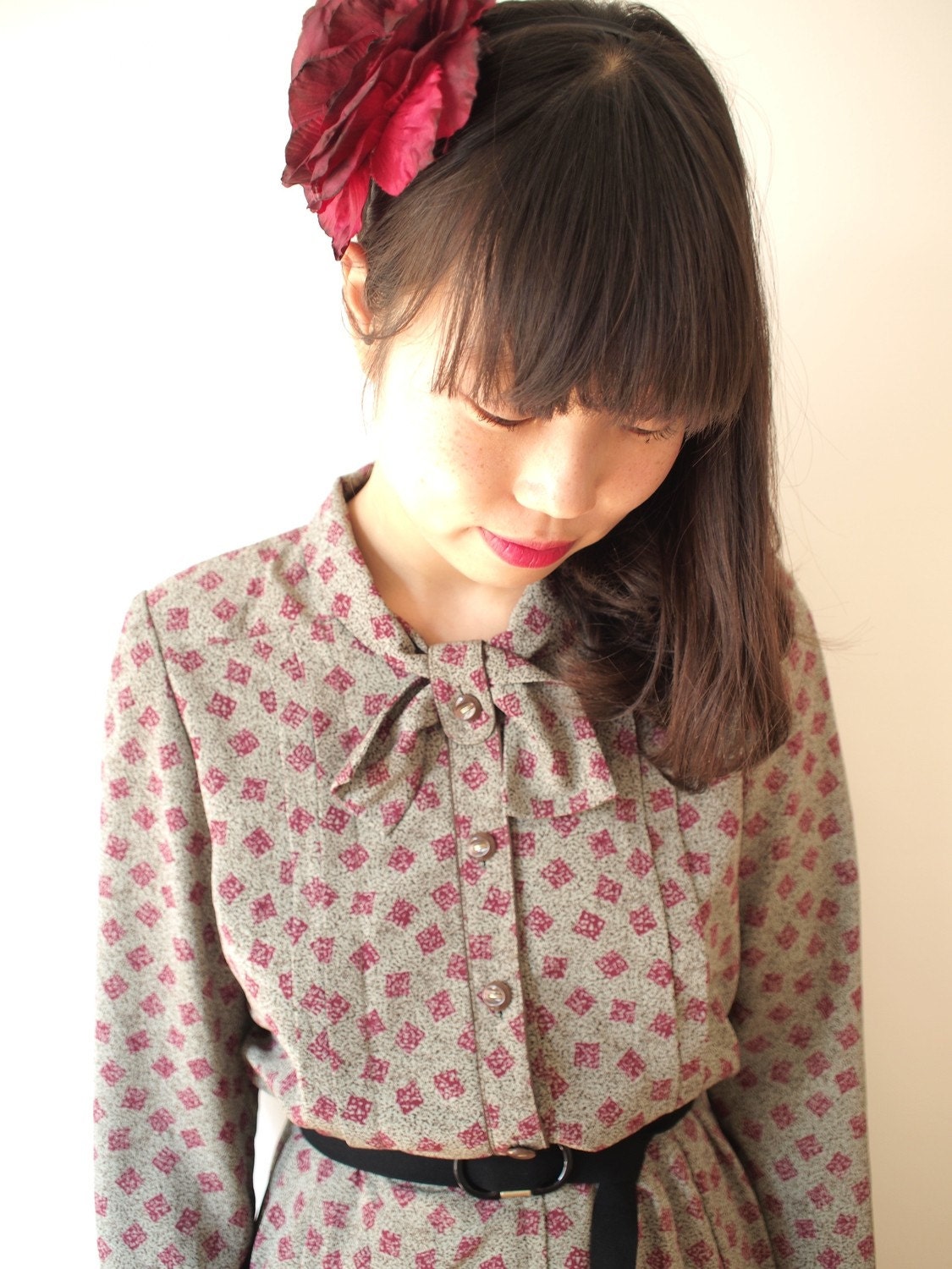 Vintage elegant grey dress with purple pattern, small - medium, Japanese