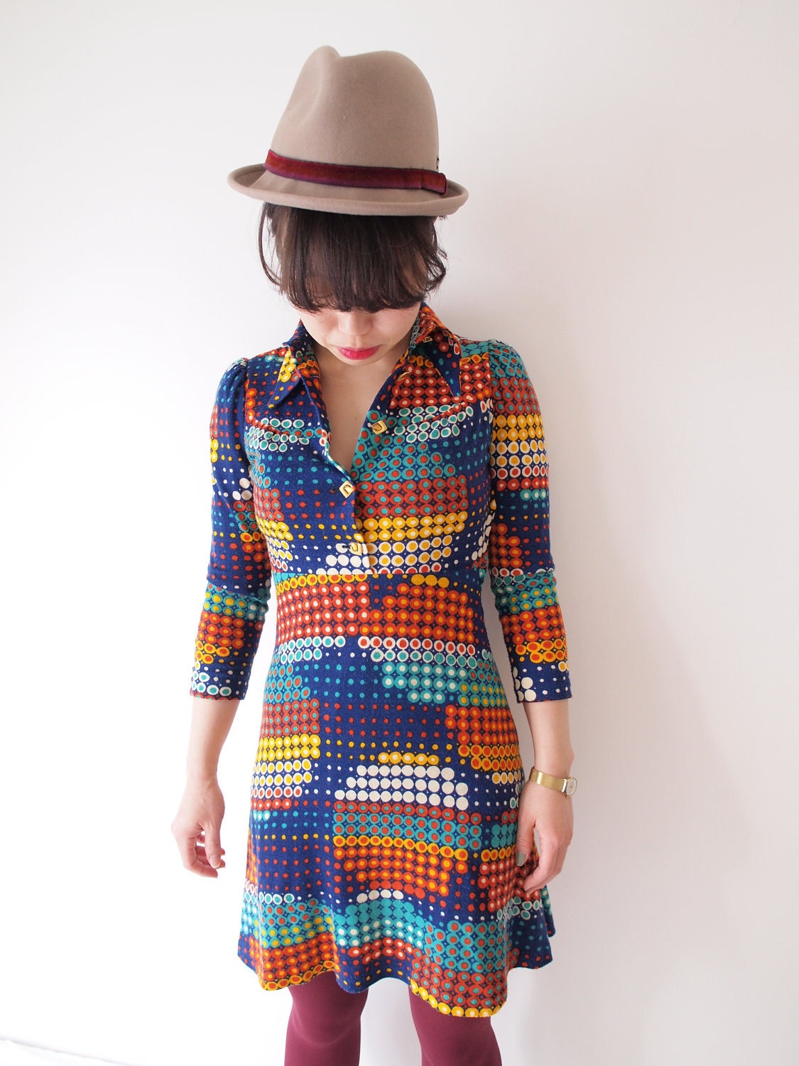 Funky vintage retro dot dress, xs, Japan