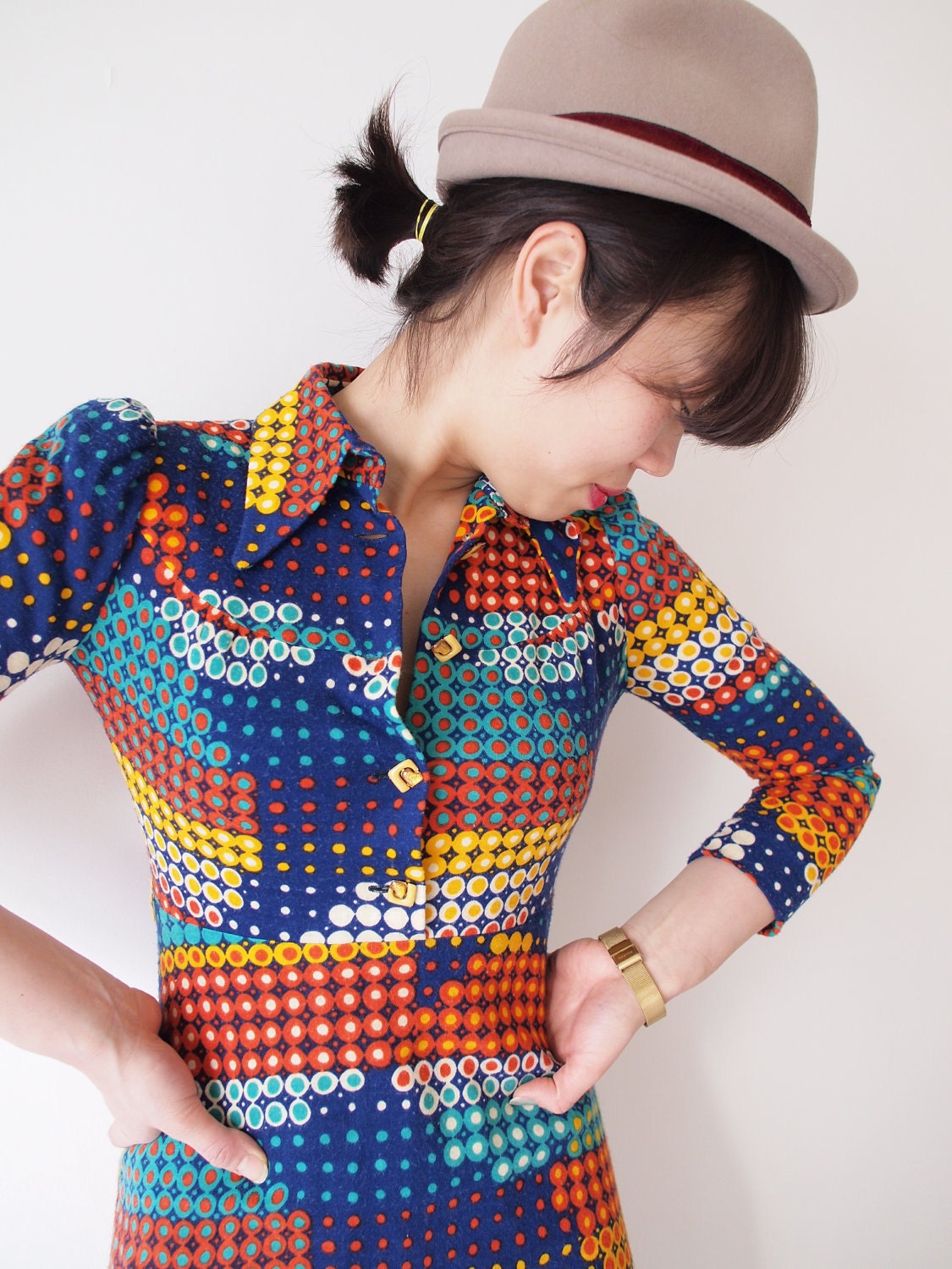Funky vintage retro dot dress, xs, Japan
