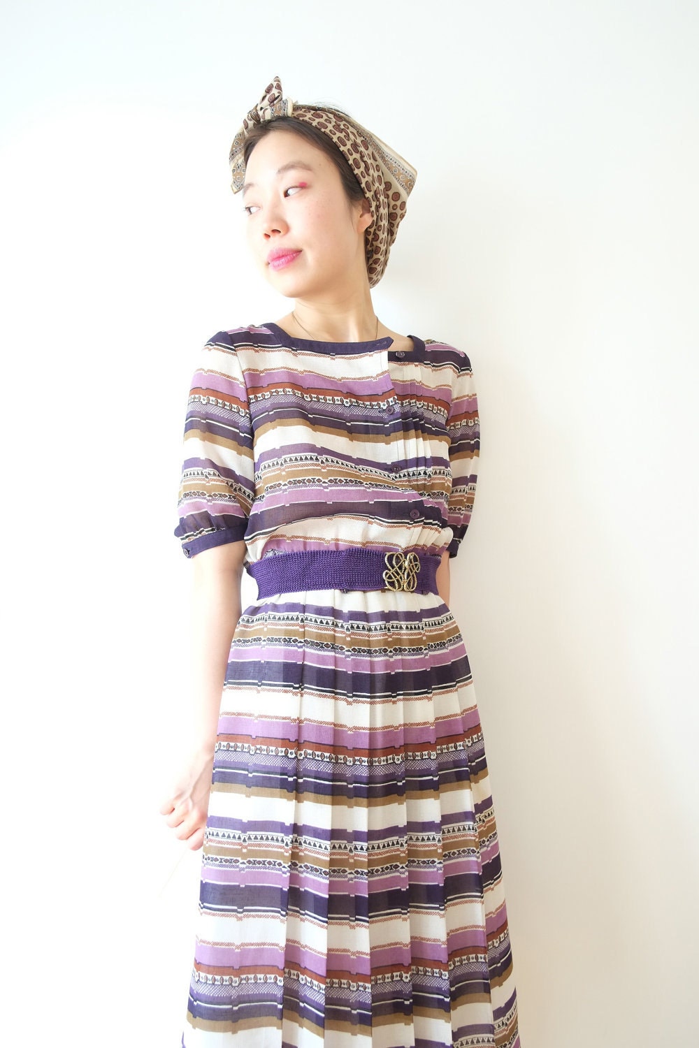 Vintage dress with violet, umber and sienna stripes, small, Japan