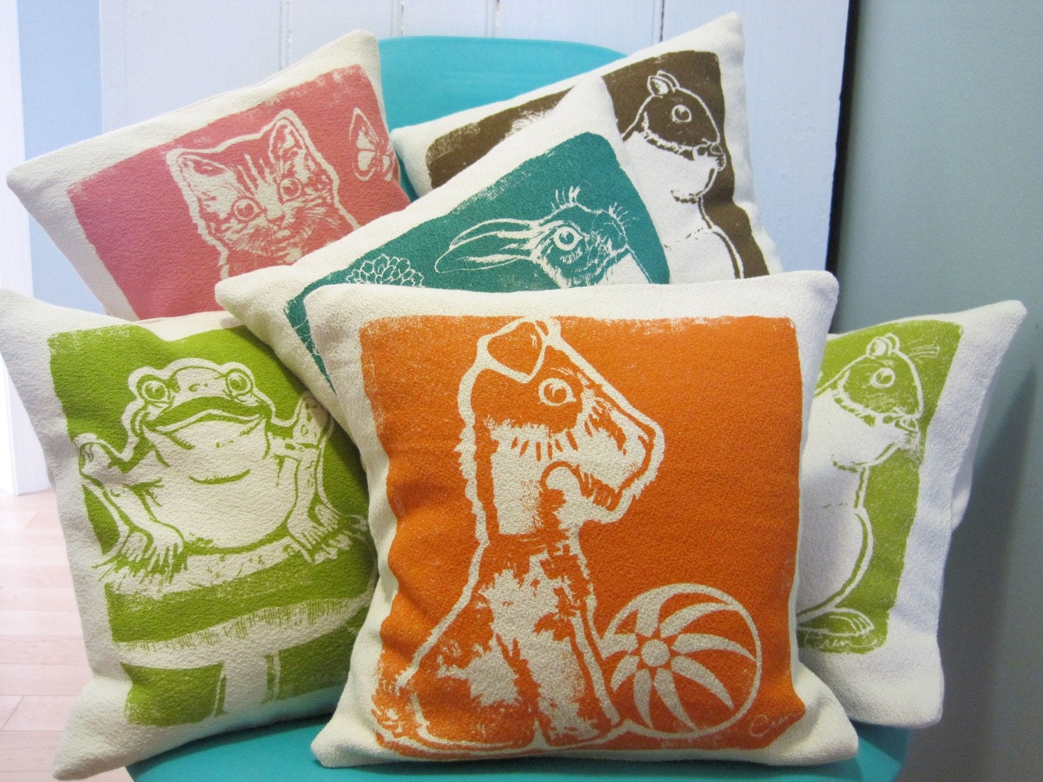 Decorative Pillow, Orange, Dog, Silk screened on cotton bark cloth, 10 inch