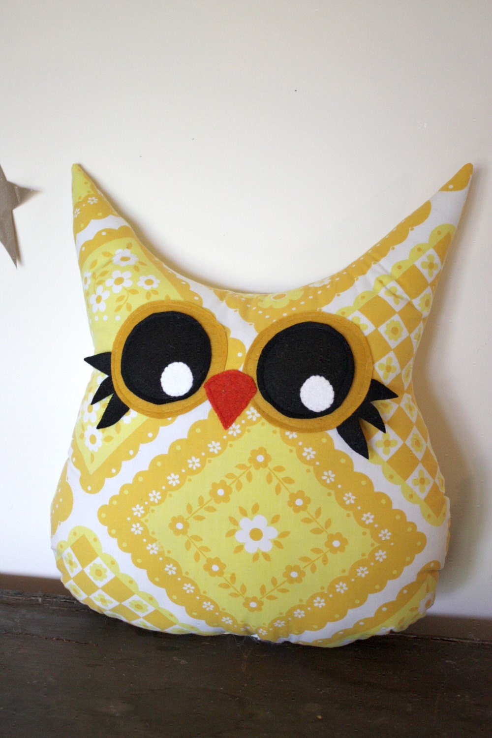 owl pillow plush, owl stuffed animal, stuffed owl, nursery owl, owl decor, vintage owl in yellow flowers and sunshine