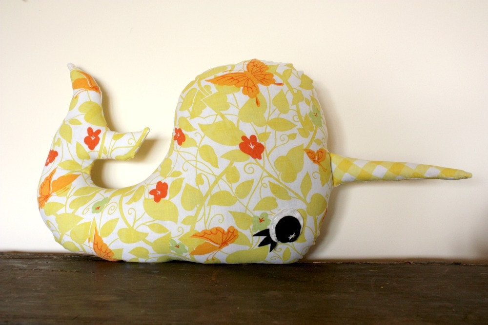 narwhal plush pillow, whale,  stuffed animal, vintage sheet