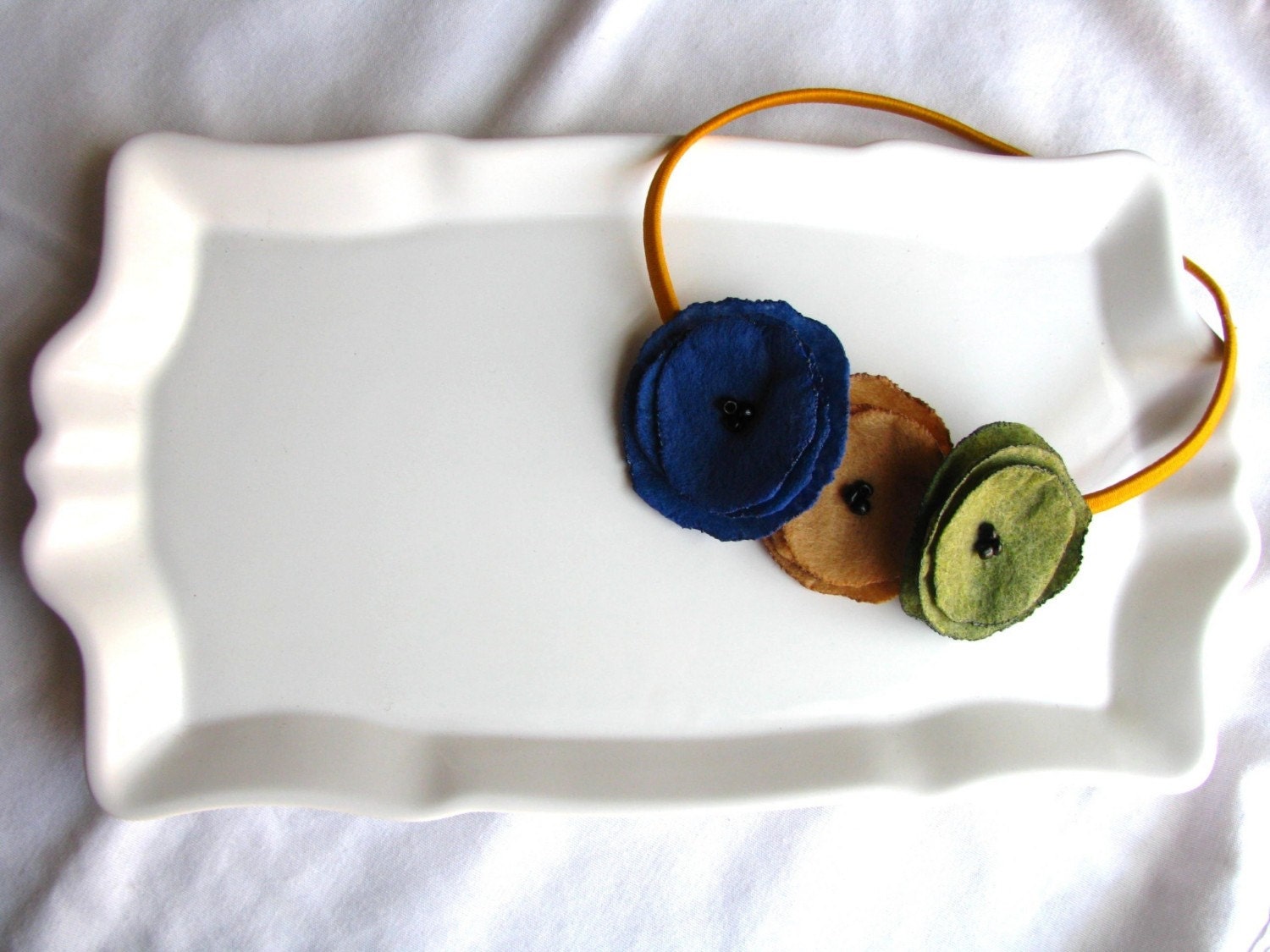 evening whispers sage periwinkle beige felt poppy garland headband.