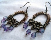 Antique Bronze Purple Floral Dangle Earrings
