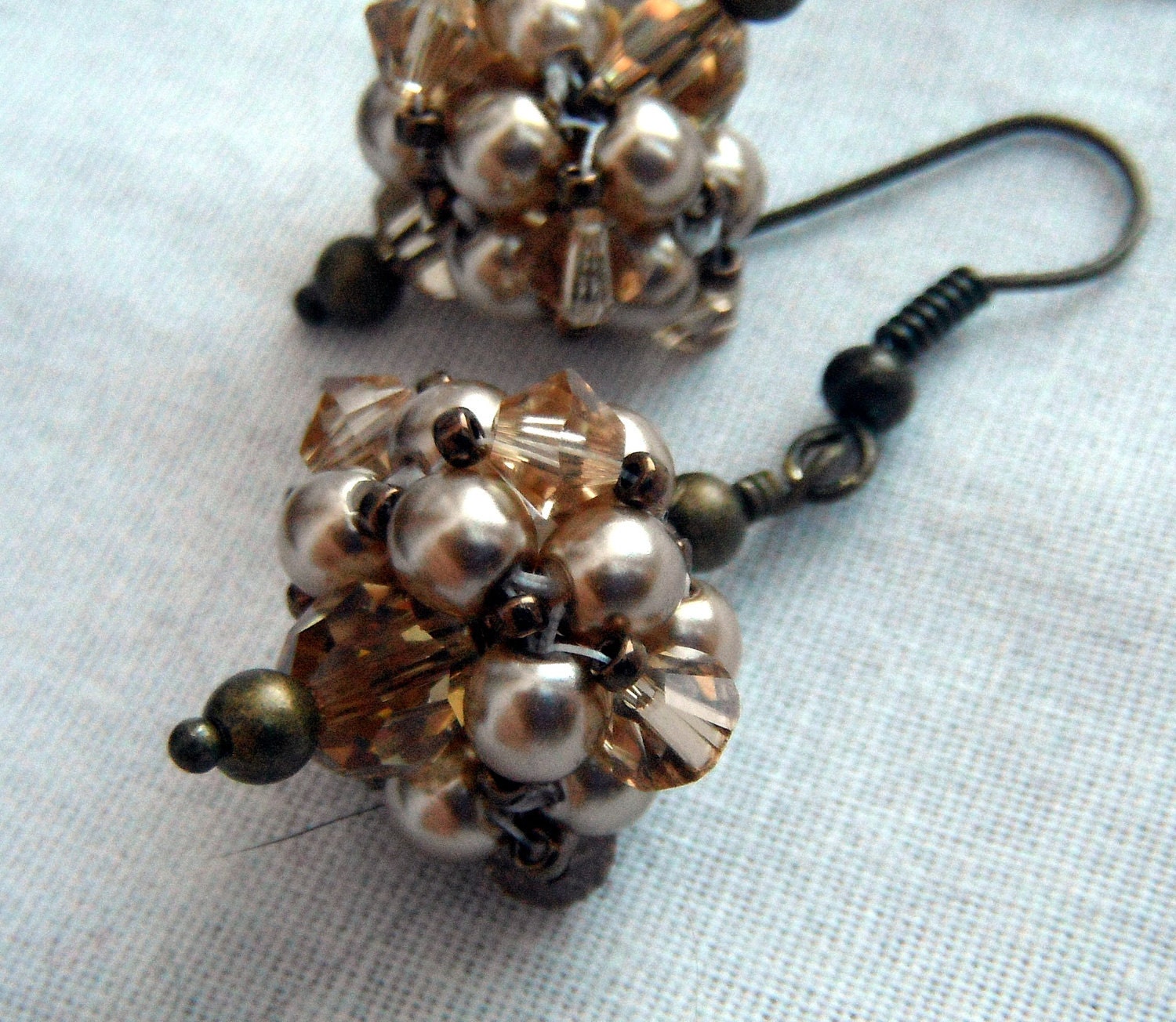 Bronze Pearl and Crystal Cluster Earrings