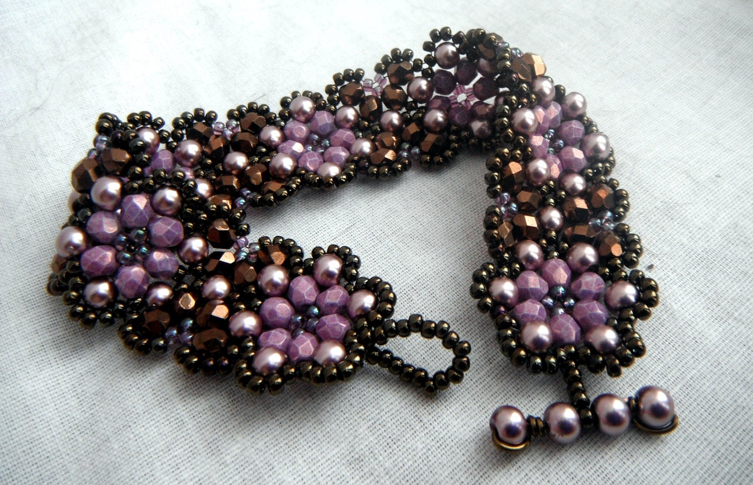 Floral Chain Cuff Bracelet - Dark Bronze, Chocolate and Lilac Purple - OceanPearlJewellery