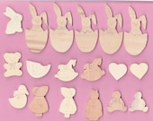 Eighteen Wood Cut Outs Ready To Paint - Pre-Cut Easter Animals - Sun Bonnet  - Watermelon -  Amish Doll - Teddy Bear- Paint & Jewlry Project