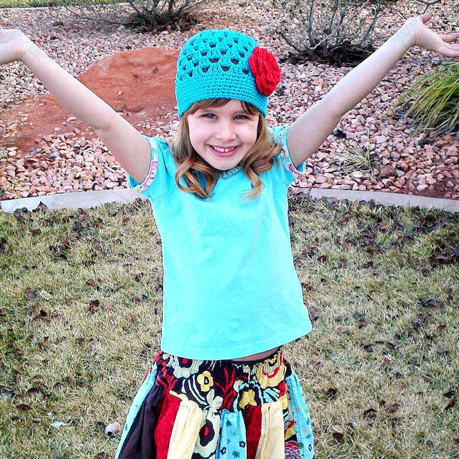 5T-preteen Mod Blue Ava Beanie with Cherry Ava Flower