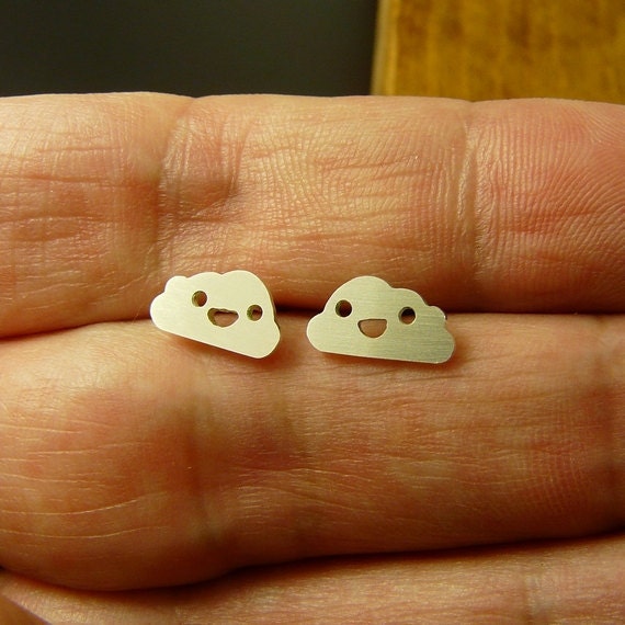 Silver earrings HAPPY CLOUDS  :  studs, handmade, kawaii, happy, cute, small