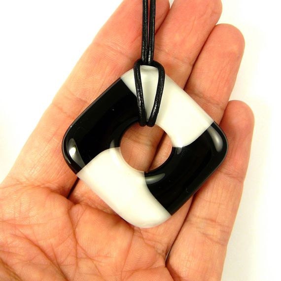 Love is a lifeline ...BLACK and WHITE Glass Pendant, necklace with silver clasp