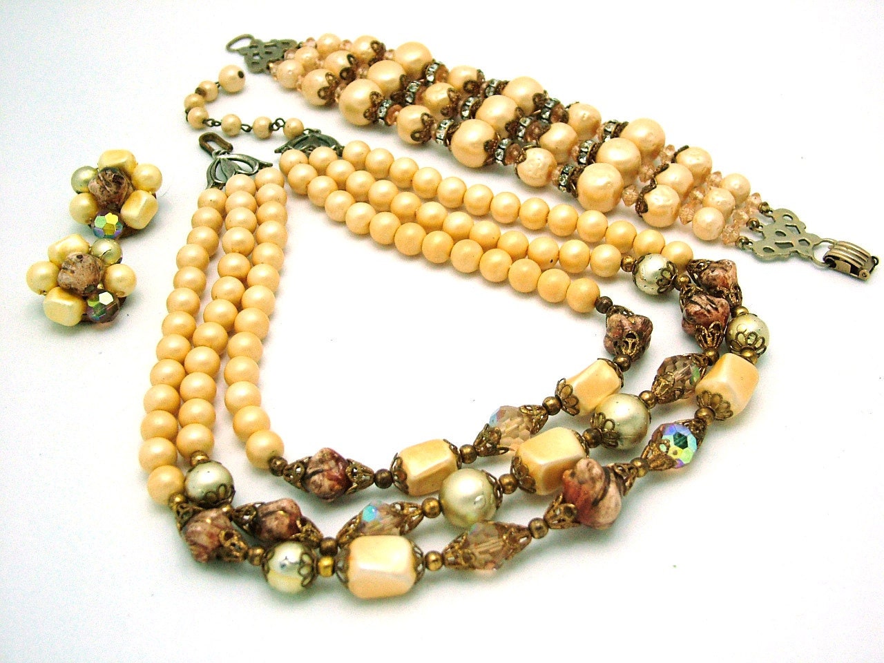 Vintage 1950s Triple Strand Necklace Earrings Set Plus 3 Strand Bracelet
