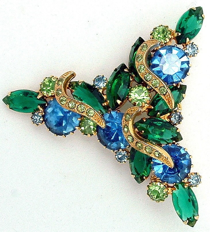 Vintage Juliana DeLizza and Elster Brooch Large Blue and Green Rhinestones & Crescent Icing
