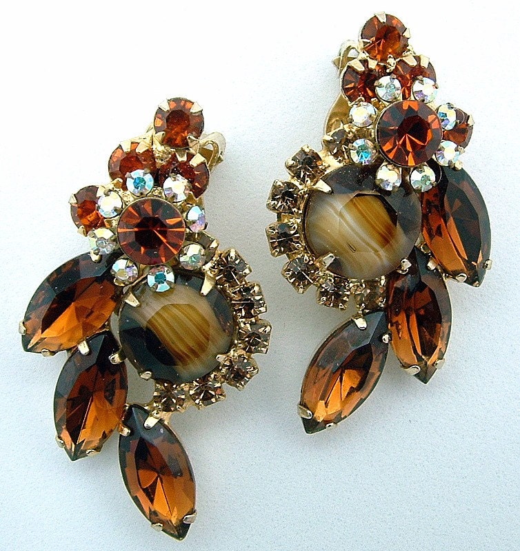 Vintage Juliana Earrings Striped Art Glass & AB Rhinestone DeLizza And Elster Book Piece