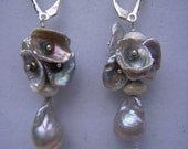 Silver Flameball Baroque Pearl Drop Keishi Pearl Cluster Sterling Silver Earrings