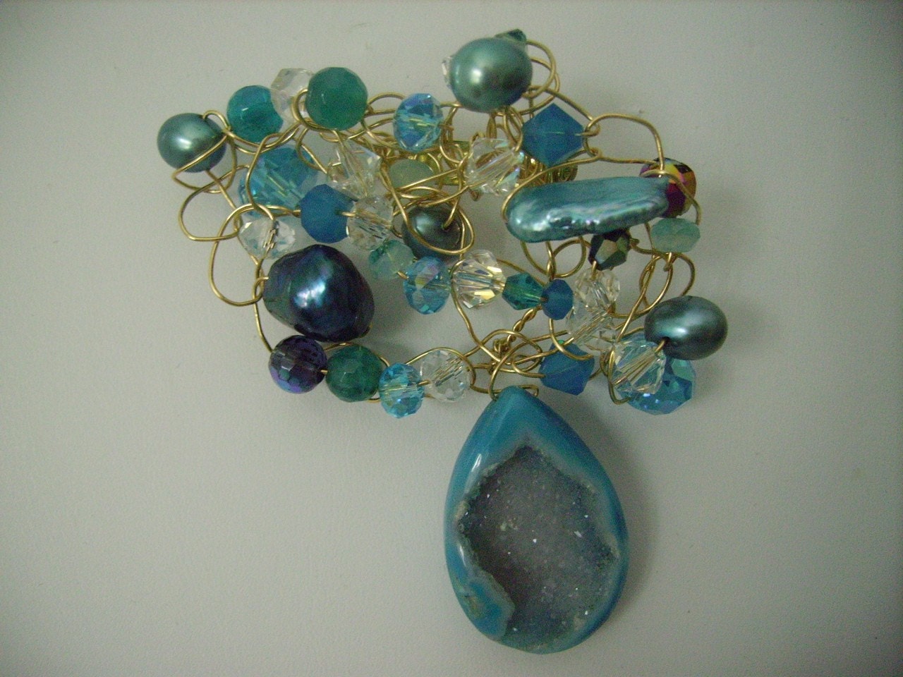 Aqua Cave Druzy Freeform Pearl Swarovski Pin