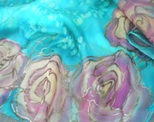 Cyan blue and pink hand painted silk square scarf. Scarf with shiny pink roses FREE SHIPPING